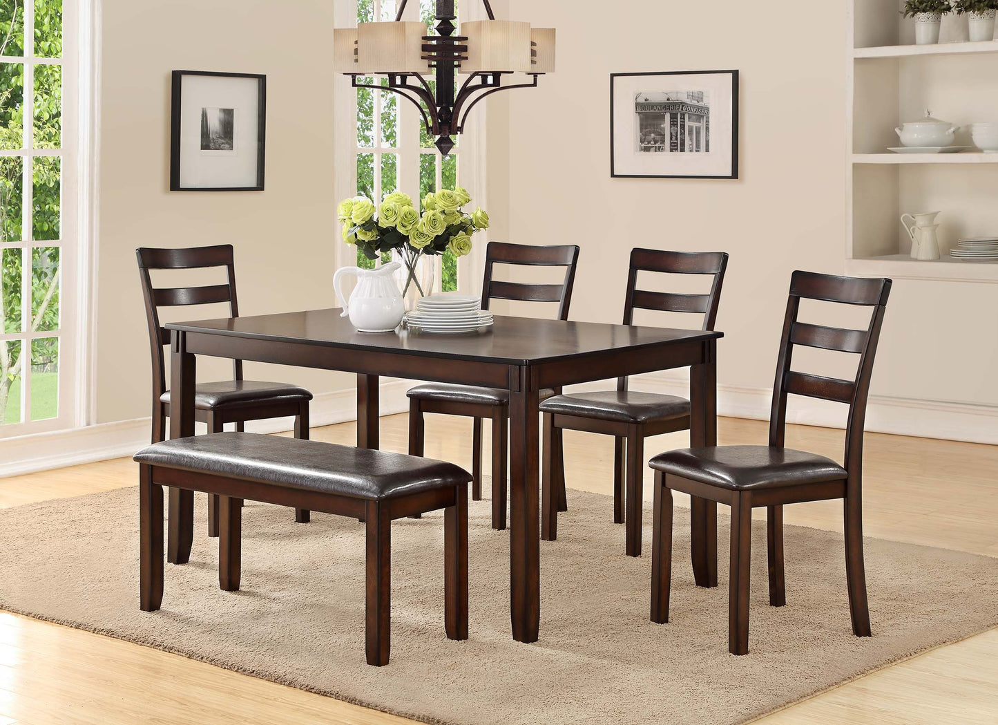 6-Piece Espresso Dining Set with Bench – Modern Ladder-Back Chairs + Padded Seating