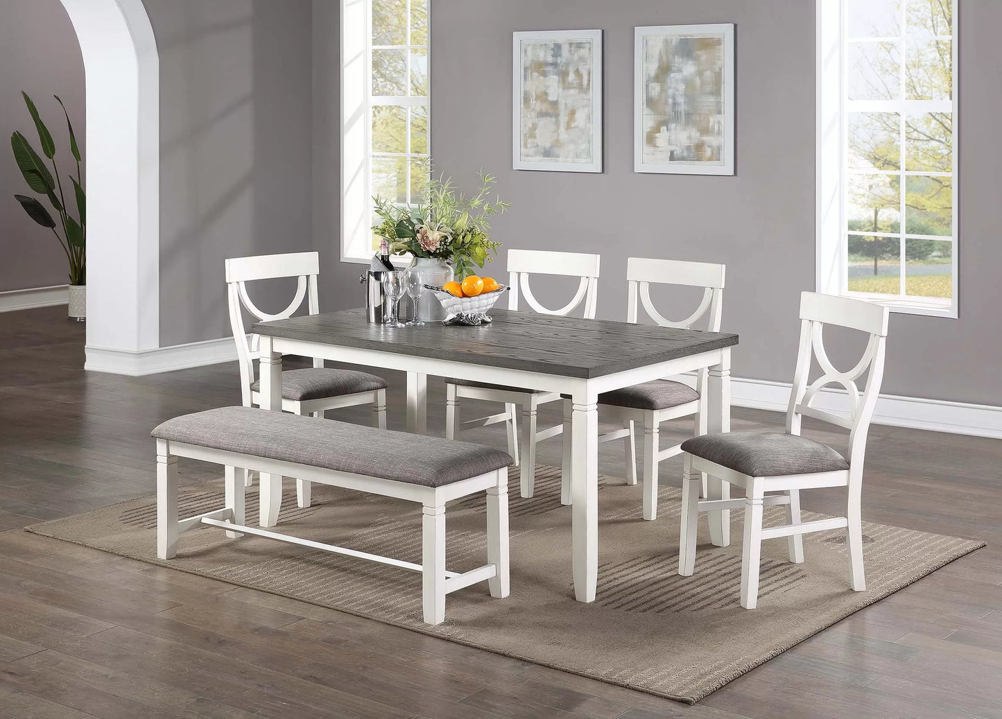 White & Gray 6-Piece Dining Set With Bench