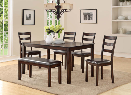 6-Piece Espresso Dining Set with Bench – Modern Ladder-Back Chairs + Padded Seating