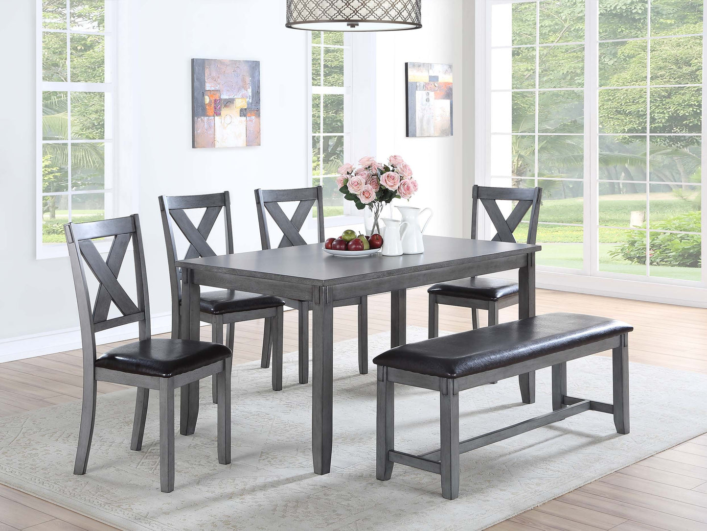 6-Piece Gray Wood Dining Set With Bench