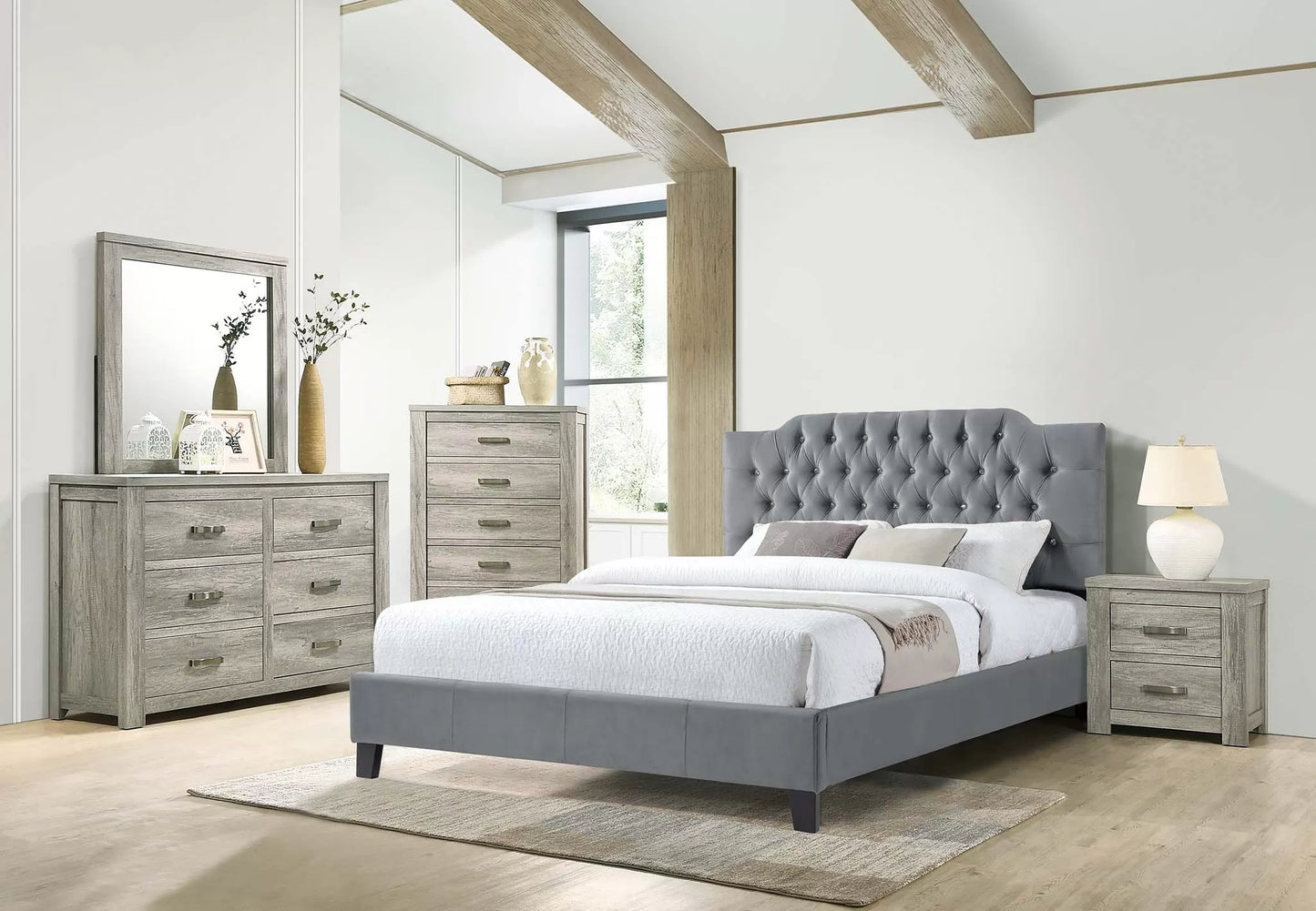 Beige, Grey, Black Leather Full Bed